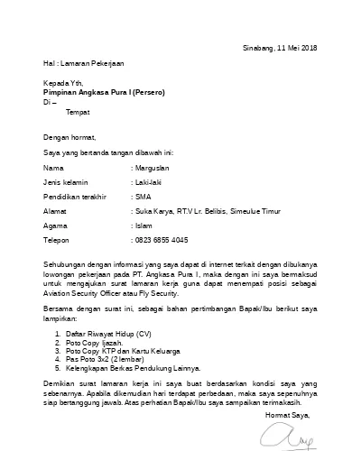 Contoh Surat Lamaran Pt Angkasa Pura Surabaya
