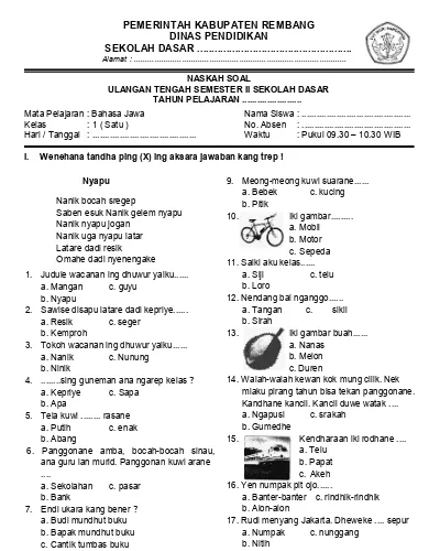  Soal  UTS  Bahasa  Jawa  Kelas  5 SD Semester  1