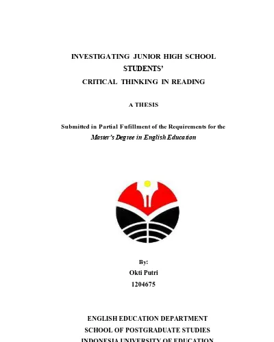 Investigating Junior High School Students Critical Thinking In Reading